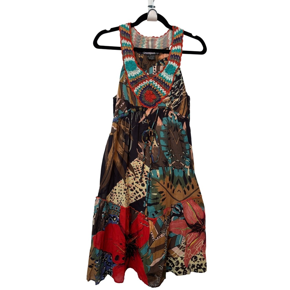 Desigual Womens 38 Mixed Print Crochet Bib Cotton Dress 31V2017 Multicolor Boho